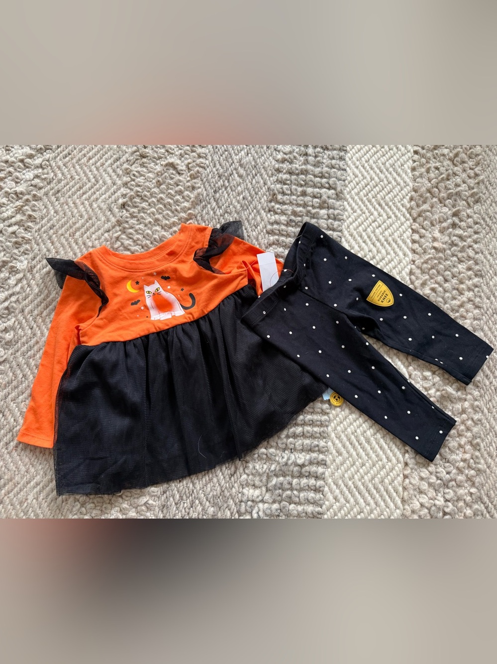 Cat & Jack Orange & Black cat ghost tulle top & Black Polka Dot Leggings Set 12M